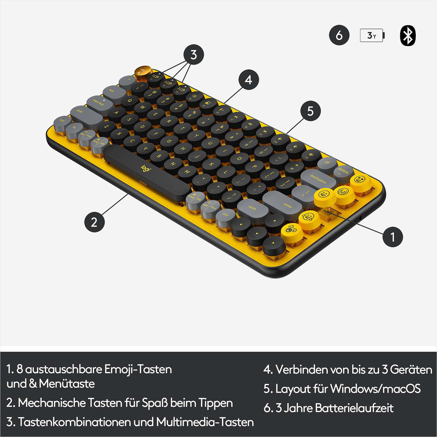 LOGITECH POP Keys mechanische Bluetooth, Tastatur, kabellos, Blast Yellow