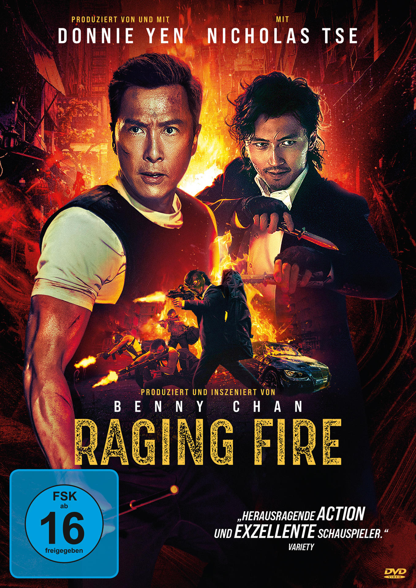 Filmposter für Raging Fire. Mit Donnie Yen und Nicholas Tse. Action-Szene mit Feuer, Waffen und einem Auto.