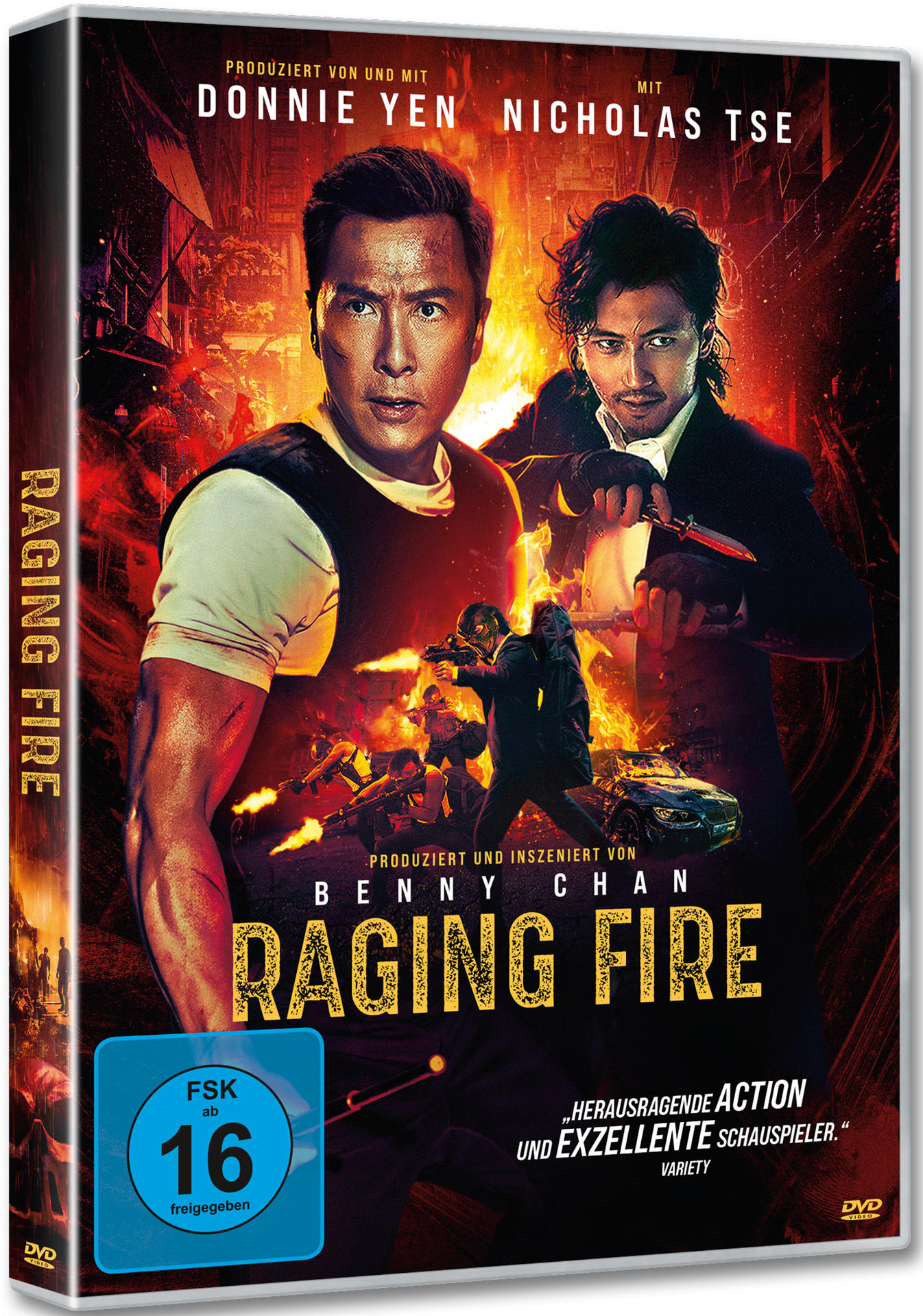 DVD-Cover von 'Raging Fire'. Donnie Yen und Nicholas Tse sind zu sehen. Der Hintergrund zeigt eine Actionszene mit Feuer und Explosionen.