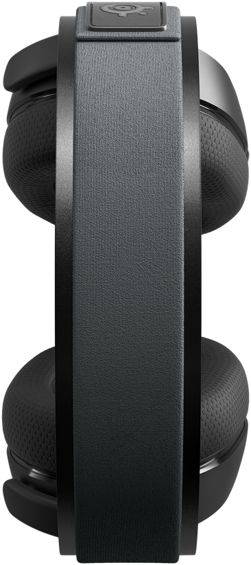 Vue latérale d'un casque de jeu noir. Le bandeau est gris, avec le logo SteelSeries. Les écouteurs sont noirs.
