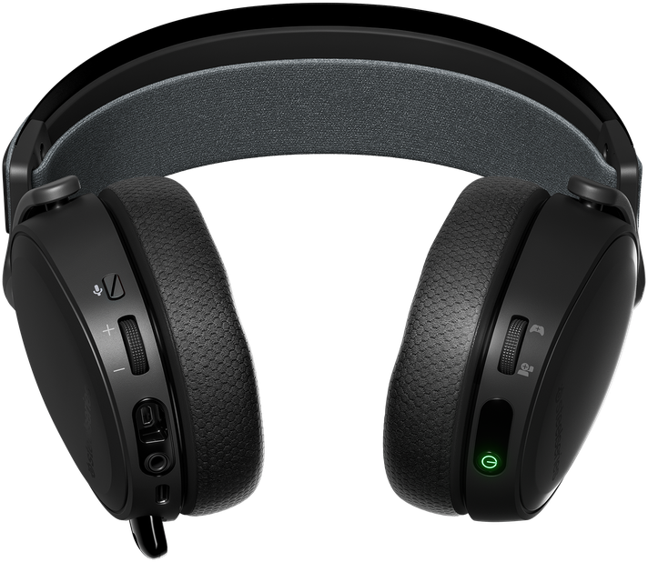 Casque de jeu noir. Il possède des commandes de volume, un microphone et un bouton marche/arrêt avec une lumière verte. Le bandeau est gris.