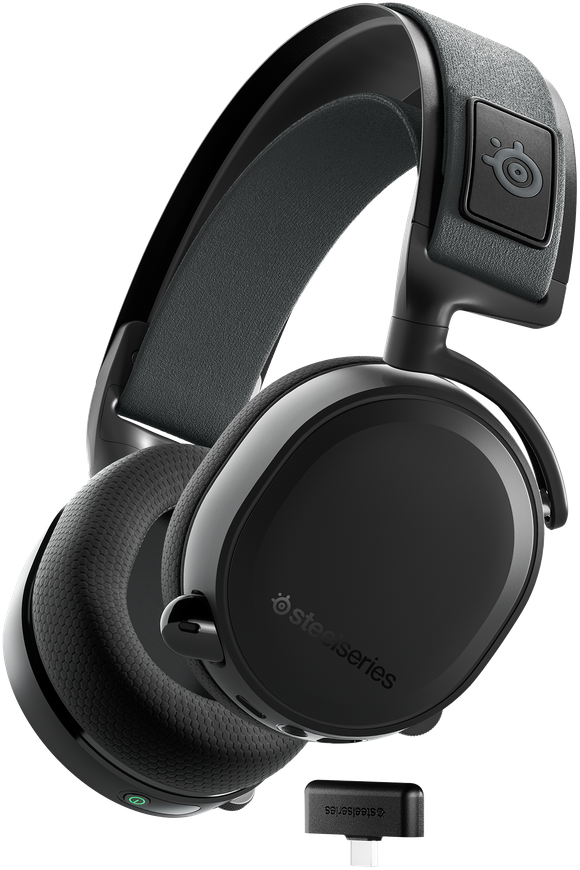Casque de jeu sans fil SteelSeries noir avec un dongle USB. Le casque comprend des oreillettes, un bandeau et le logo SteelSeries.