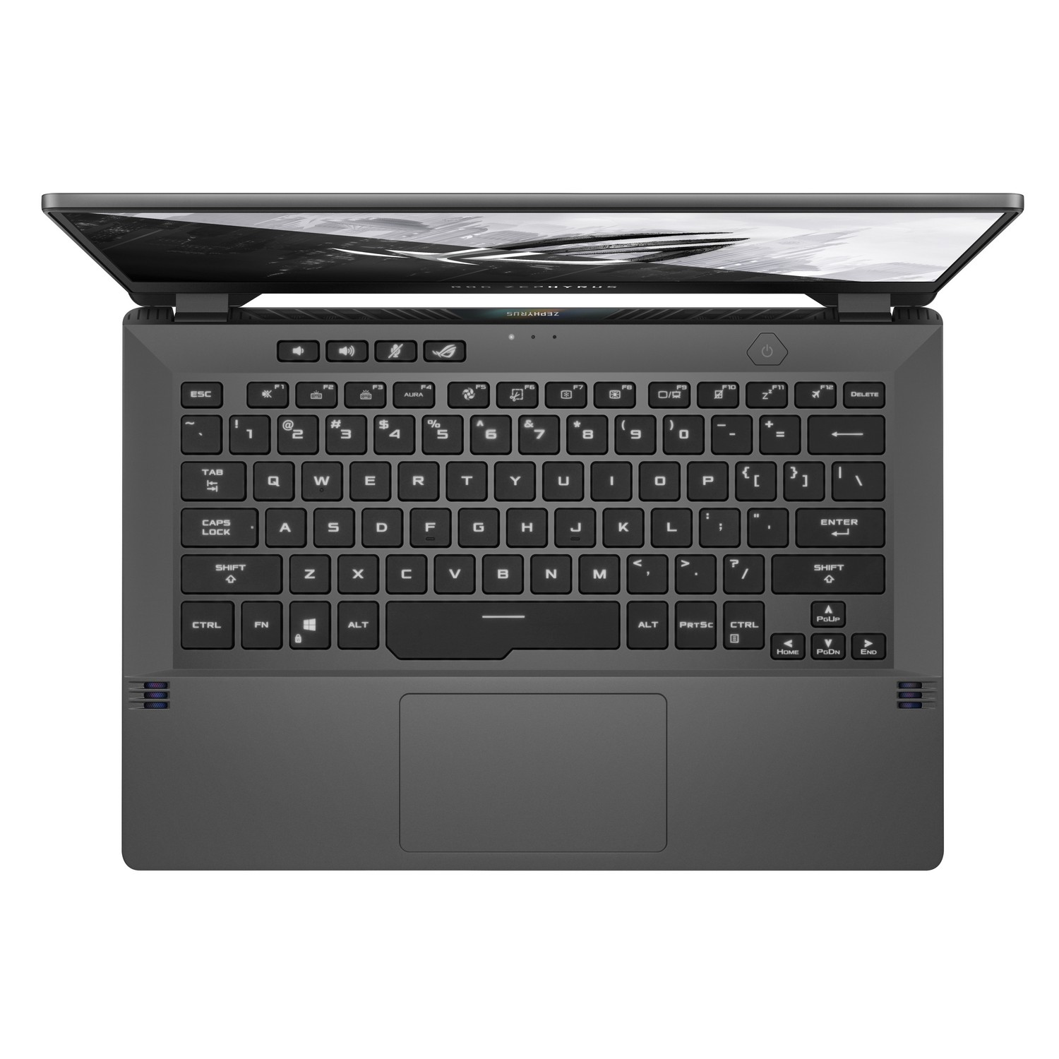 Vista superior de un portátil con teclado y panel táctil abiertos.