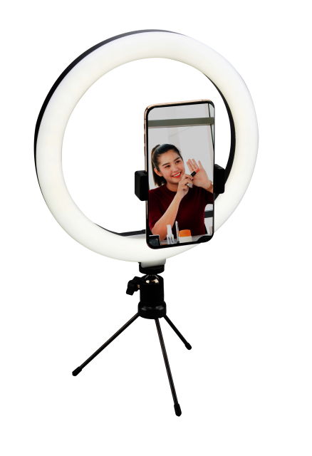 A ring light with a smartphone showing a woman applying makeup, on a tripod.