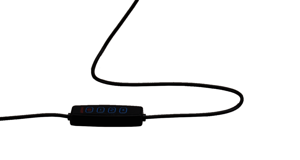 A close-up of a black control panel with buttons and a cable. Isolated on black background.
