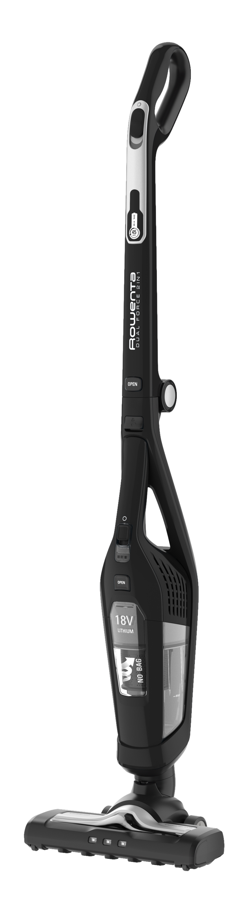 Aspirateur sans fil noir sur fond blanc. L'aspirateur a une longue poignée et une tête de brosse.