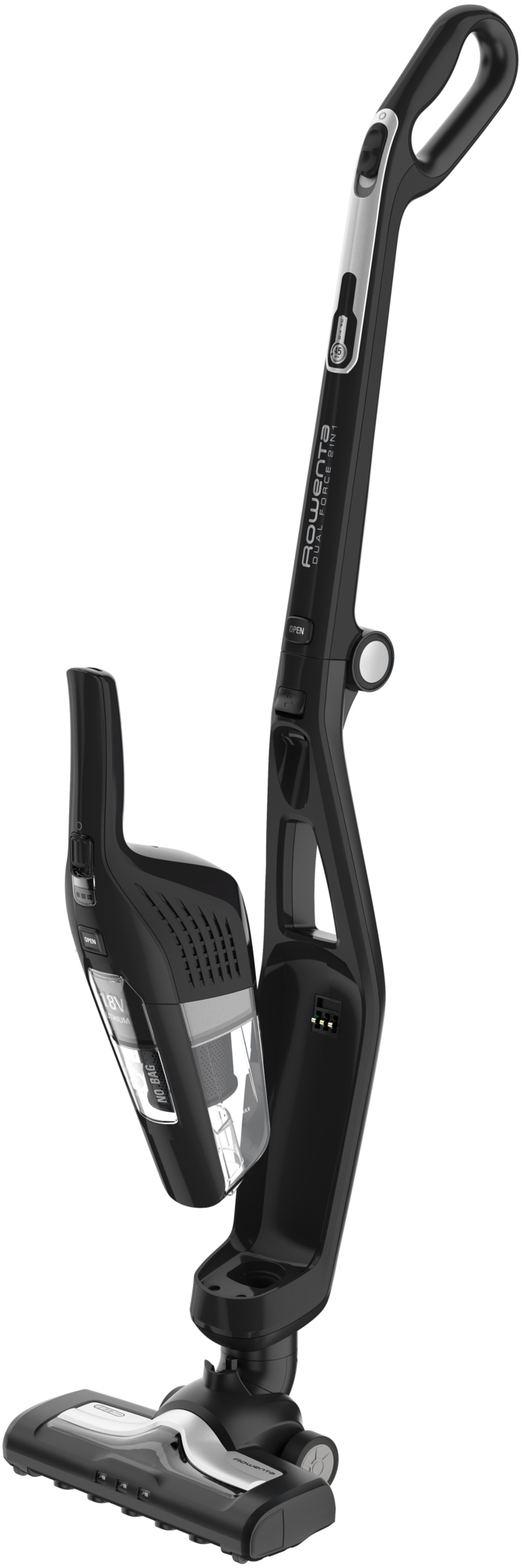 Aspirateur-balai noir et argenté avec unité portative amovible.