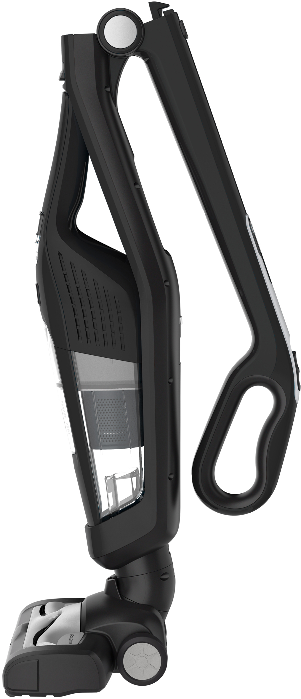 Aspirateur noir, position verticale. La poignée est pliée, avec le bac à poussière transparent visible.