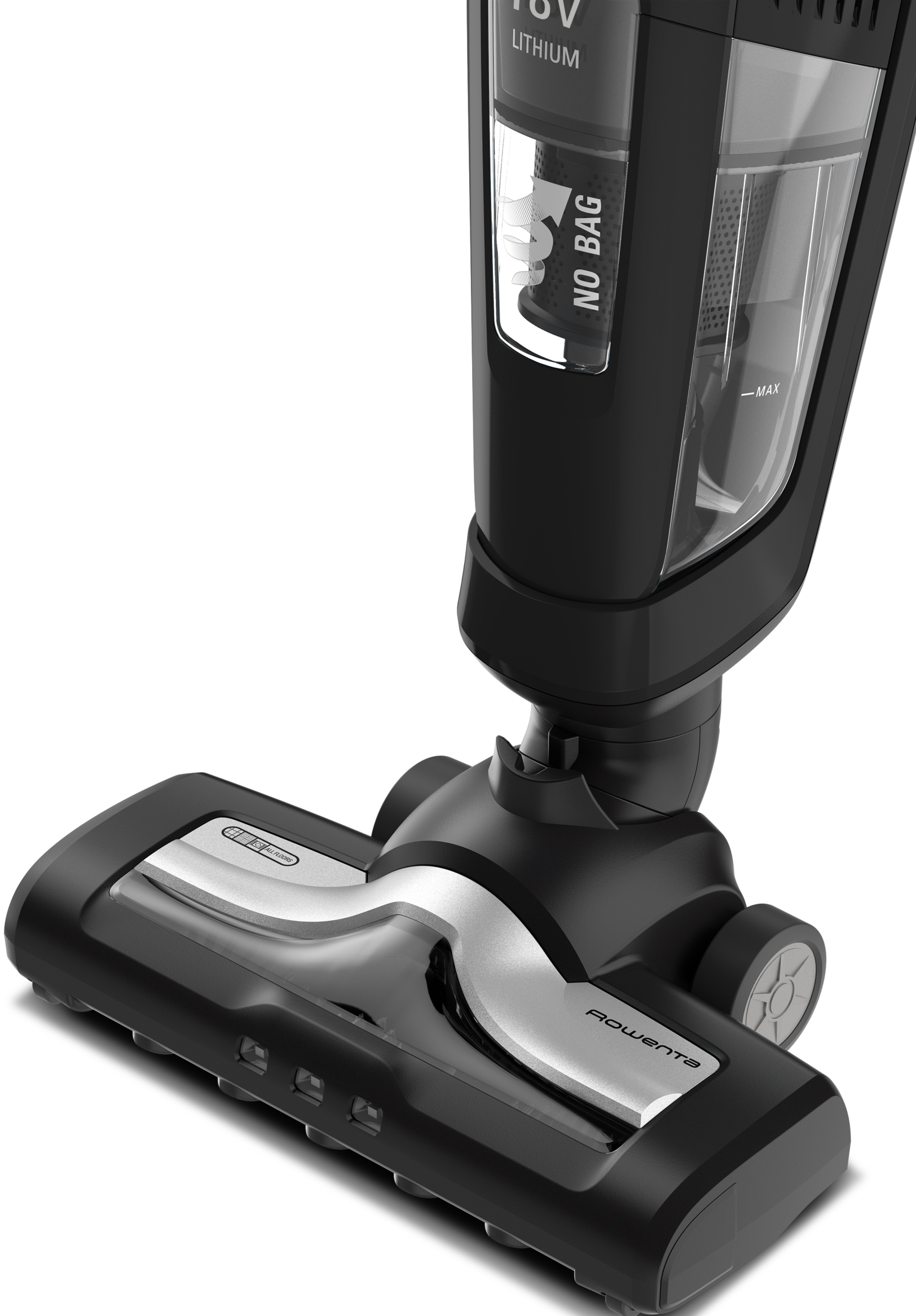 Un aspirateur sans fil noir et argent. La tête de l'aspirateur est en bas, avec un bac à poussière transparent.