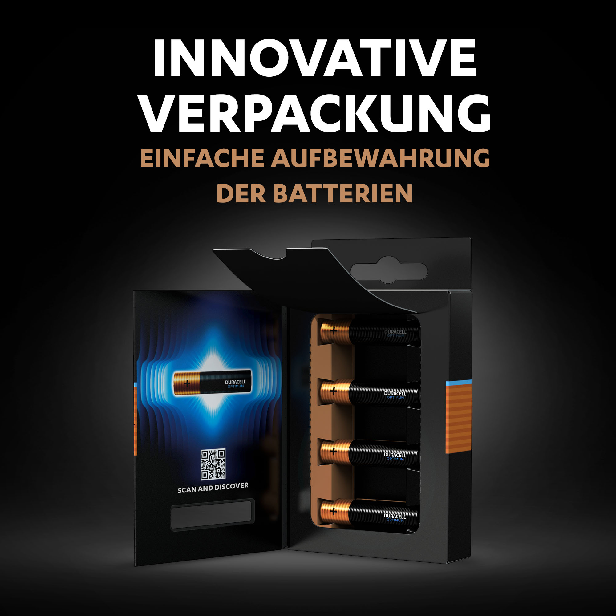 Duracell Batterien in Verpackung. Schwarze und orangefarbene Farben, mit QR-Code.