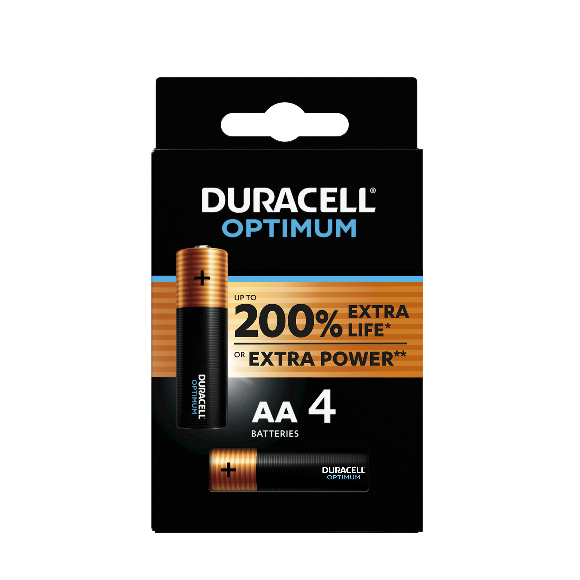 Duracell Optimum AA Batterien in einer schwarz-goldenen Verpackung. Text auf der Verpackung: '200% EXTRA LEBENSDAUER'.