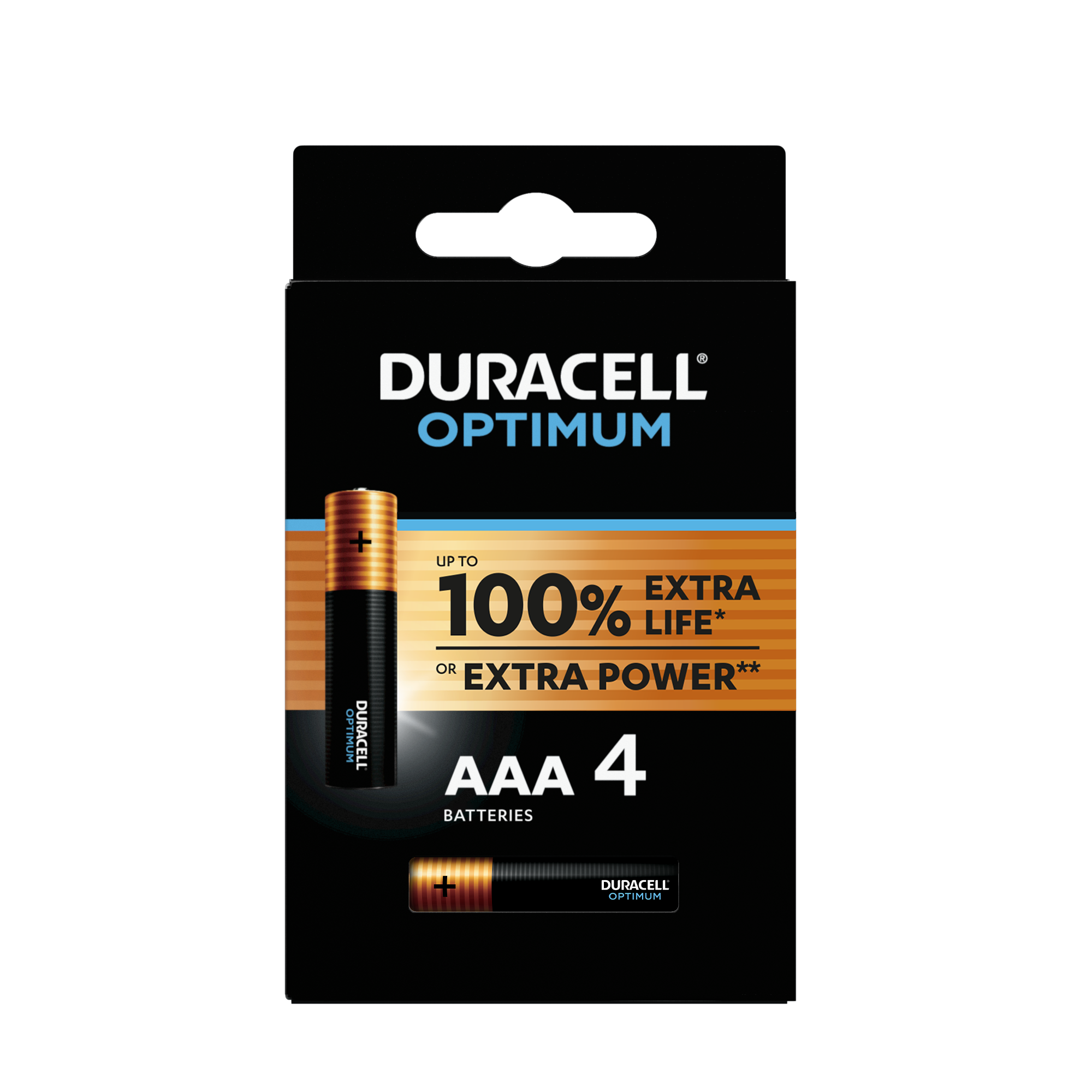 Ein Duracell Optimum Batterienpack mit AAA 4 Batterien vor schwarzem Hintergrund.