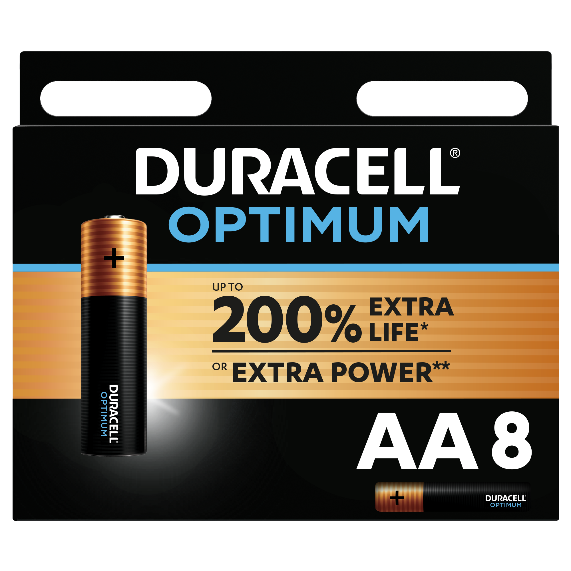 Duracell Optimum AA 8er-Packung. Schwarz-goldene Batterien auf schwarzem Hintergrund mit Text.