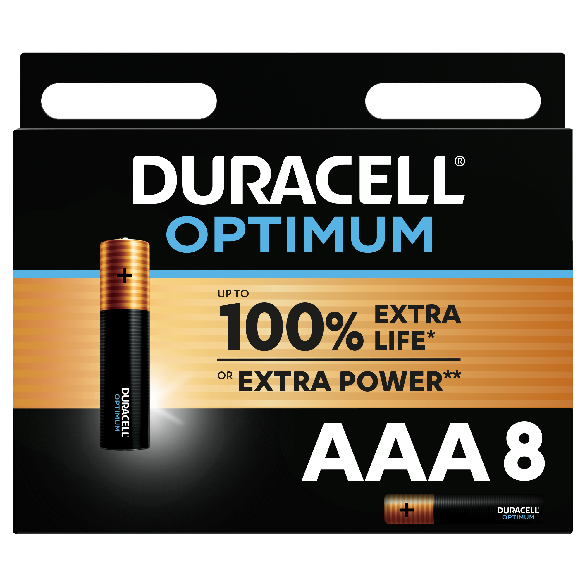 Schwarze Box mit Duracell Optimum Batterien, Text '100% extra life or extra power', AAA 8 Batterien.