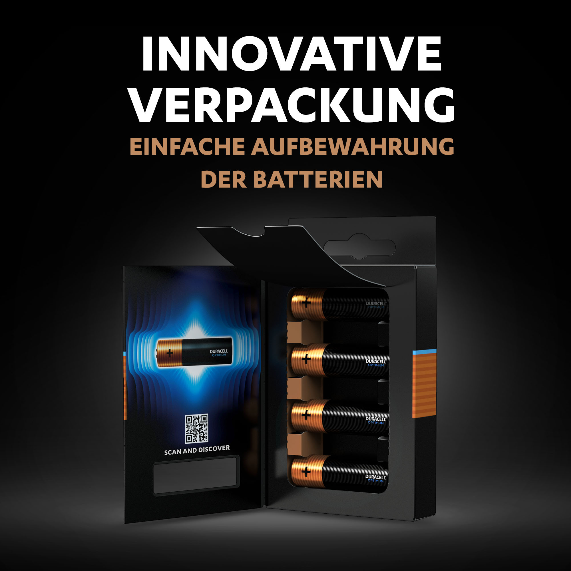 Batterieverpackung mit 4 Batterien. Text: Innovative Verpackung, einfache Aufbewahrung. Dunkler Hintergrund.