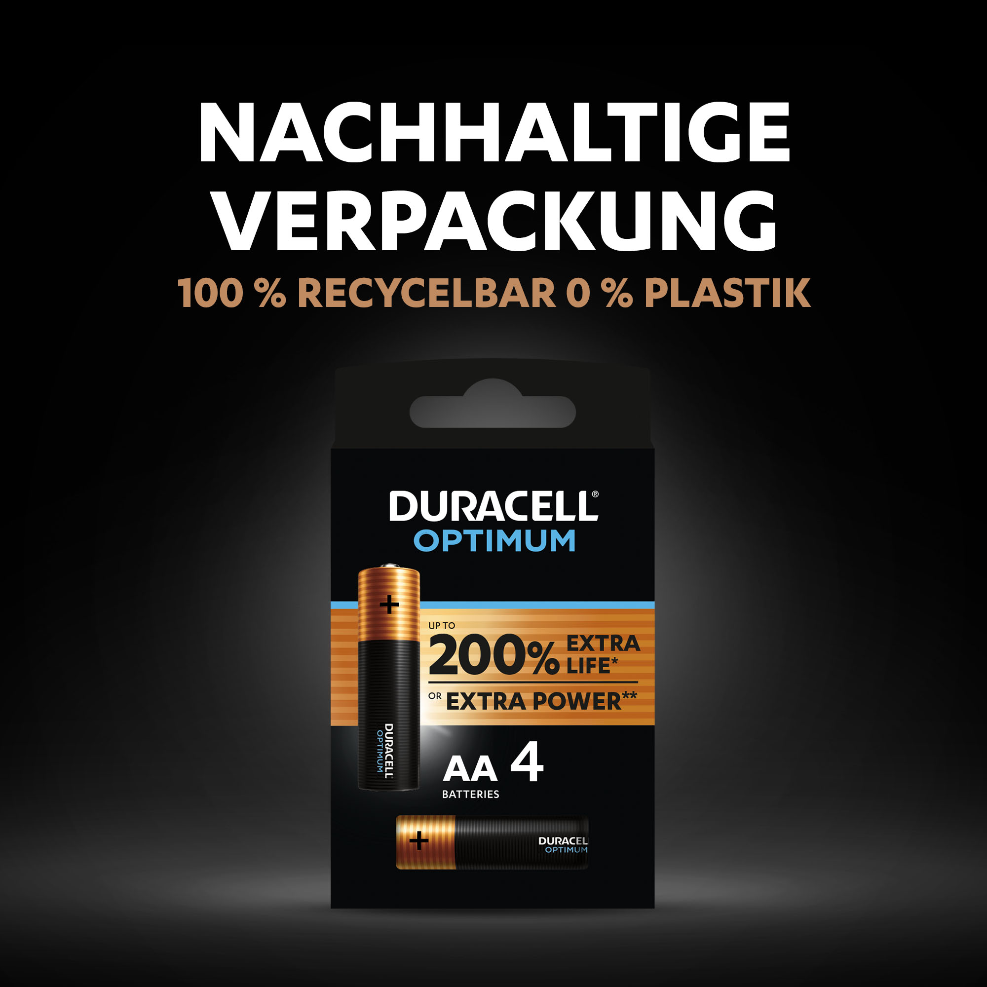 Duracell Optimum AA Batterien, Verpackung mit Text und Batterien. Schwarzer Hintergrund.