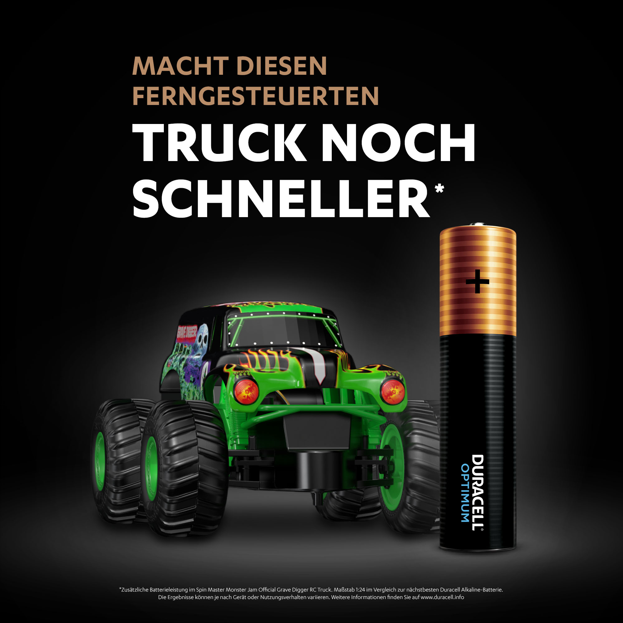 Ein Monstertruck mit grünem und schwarzem Design neben einer Duracell-Batterie.