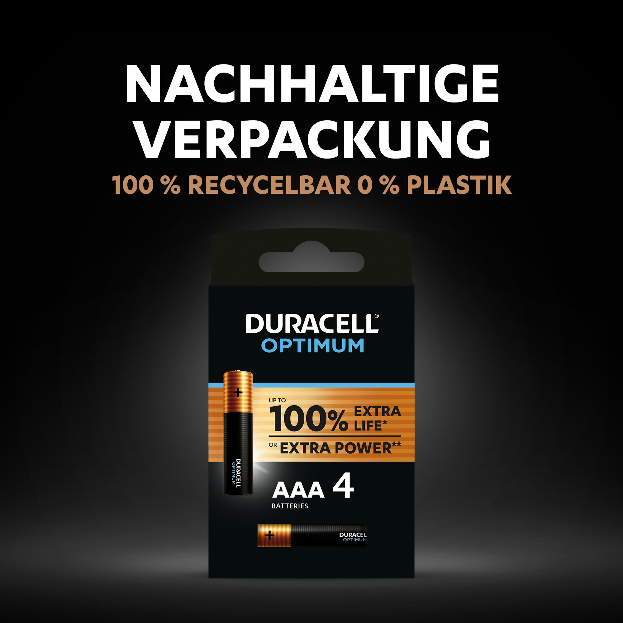 Verpackung von Duracell Optimum AAA-Batterien, schwarzer Hintergrund.
