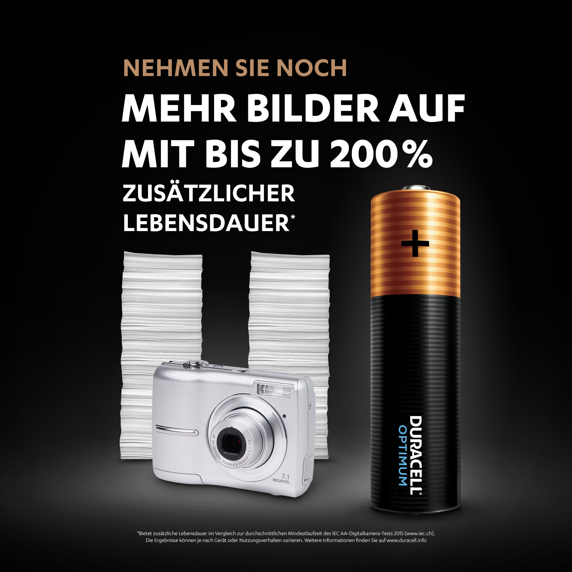 Duracell-Batterie mit Kamera und Papierstapeln im Hintergrund.