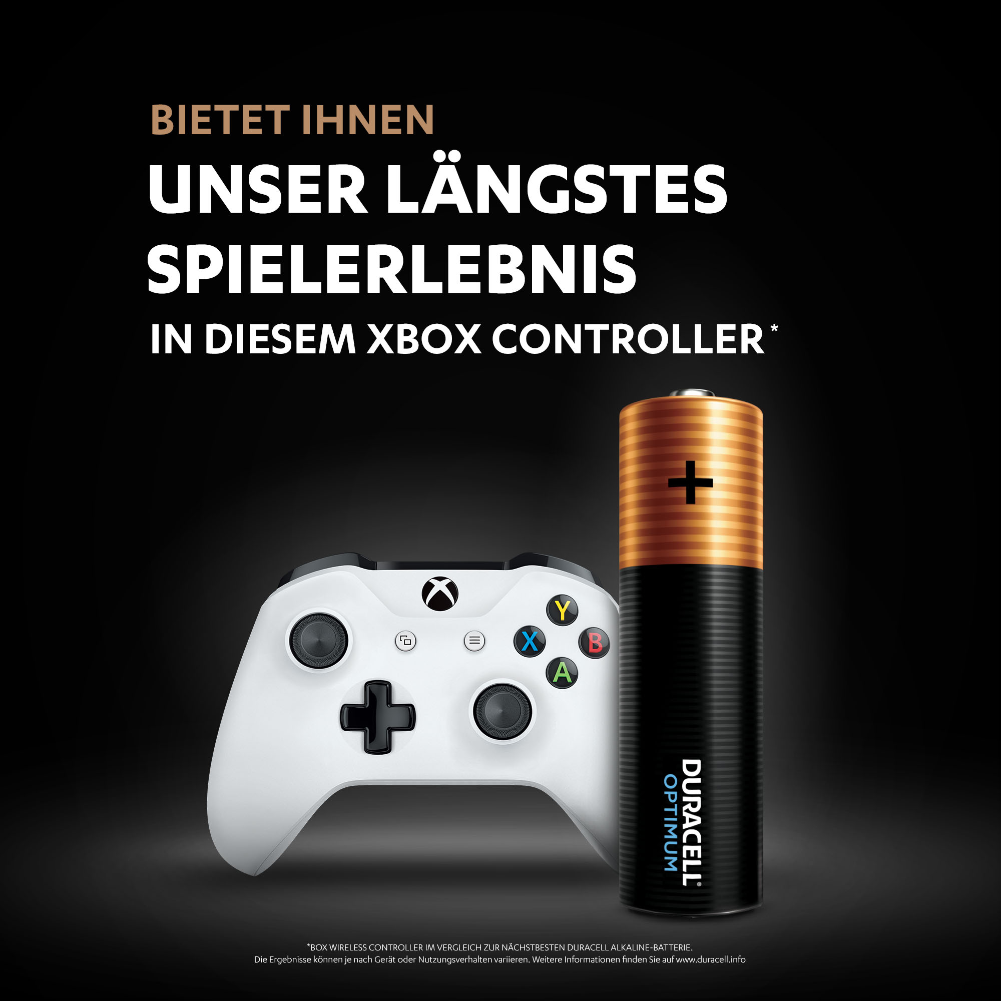 Xbox-Controller neben einer Duracell Optimum Batterie.