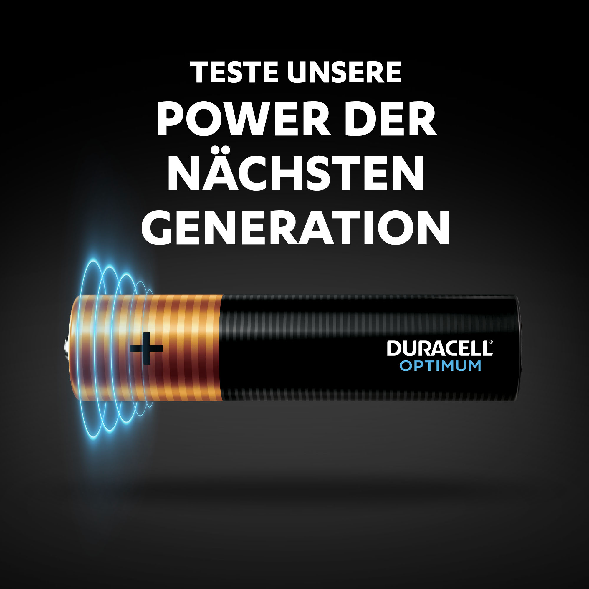 Duracell-Batterie mit blau leuchtenden Plus- und Minuspolen.