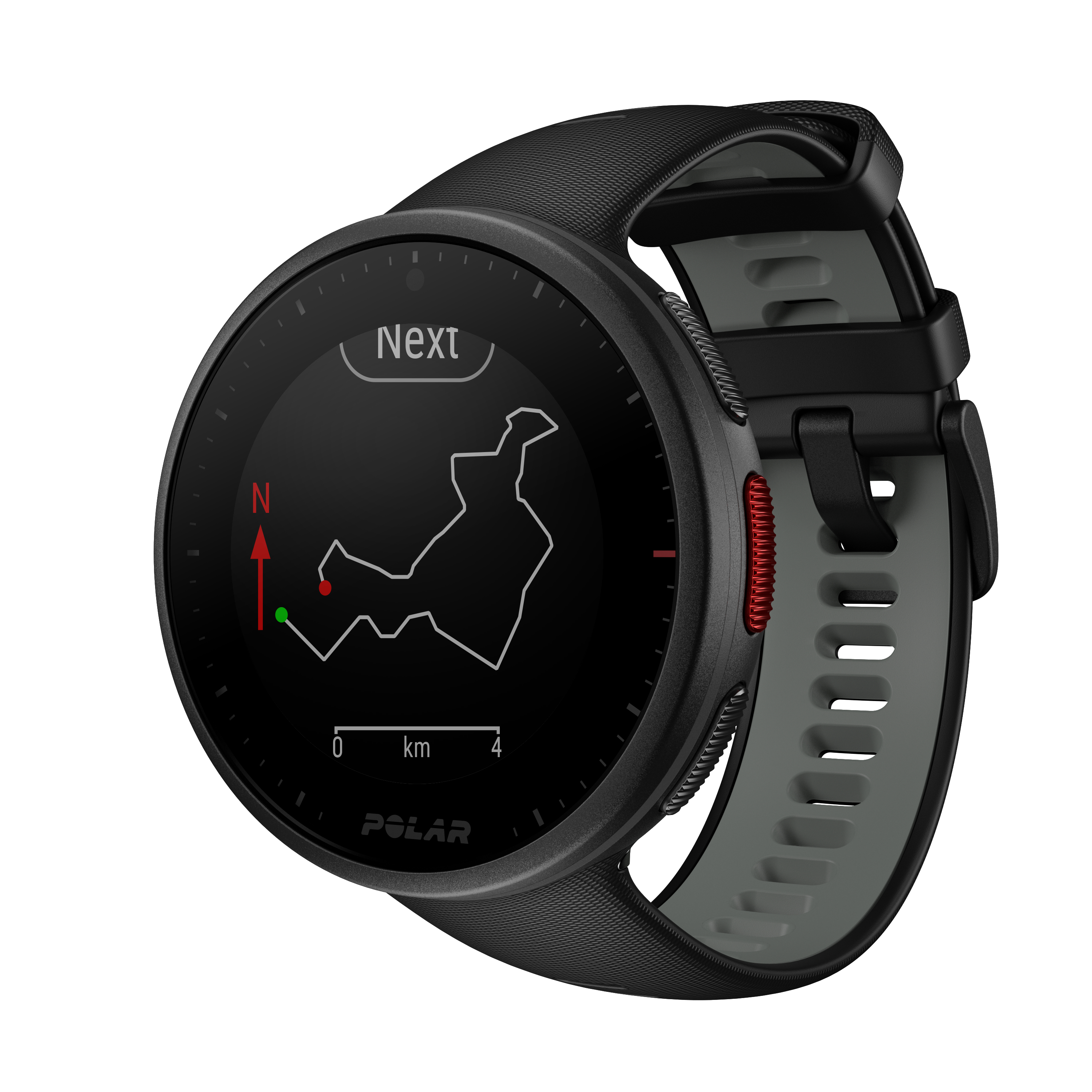 Schwarze Polar Smartwatch mit Karte auf dem Bildschirm, rotes und graues Armband.
