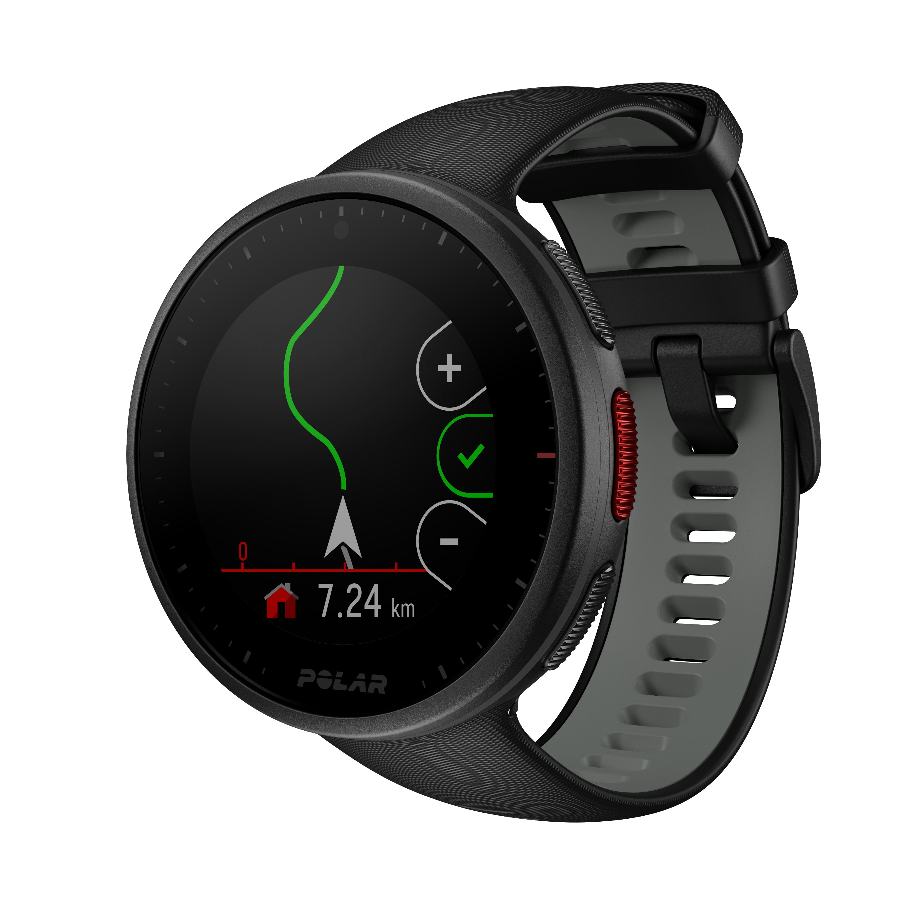 Schwarze Smartwatch mit Karte auf dem Bildschirm, schwarzem und grauem Band und roter Taste.