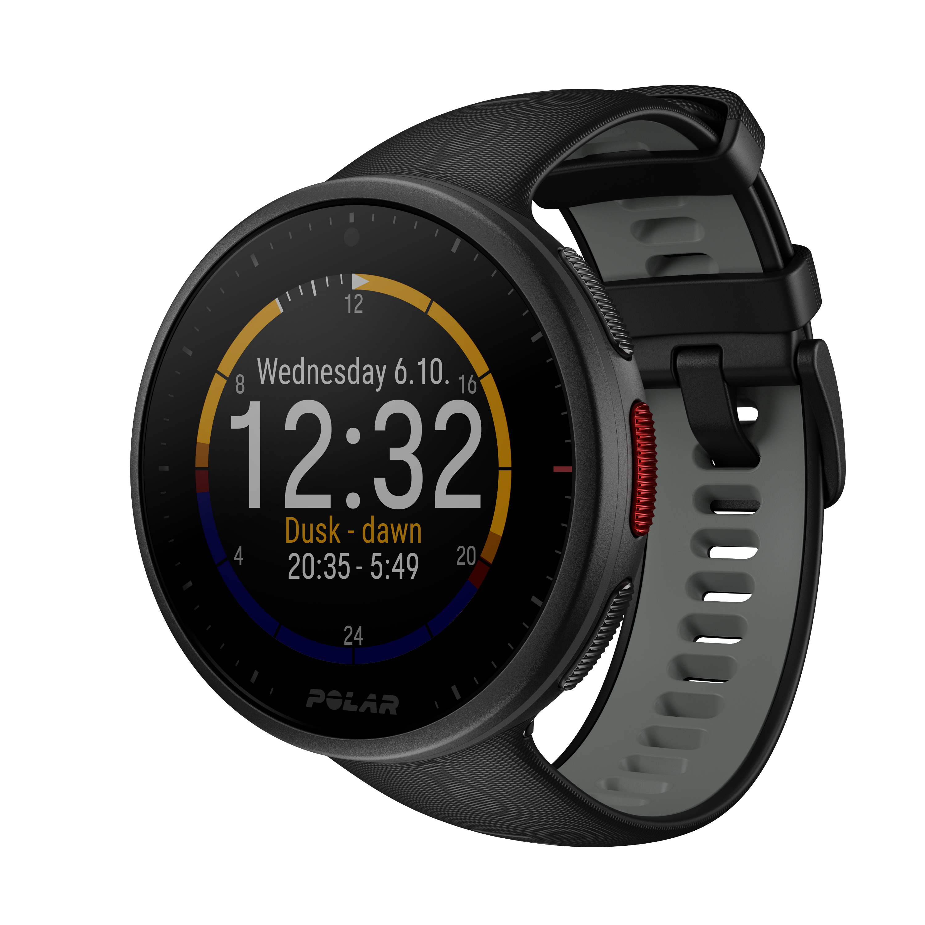 Eine schwarze Polar Smartwatch mit kreisförmigem Display, das Zeit und Datum anzeigt.