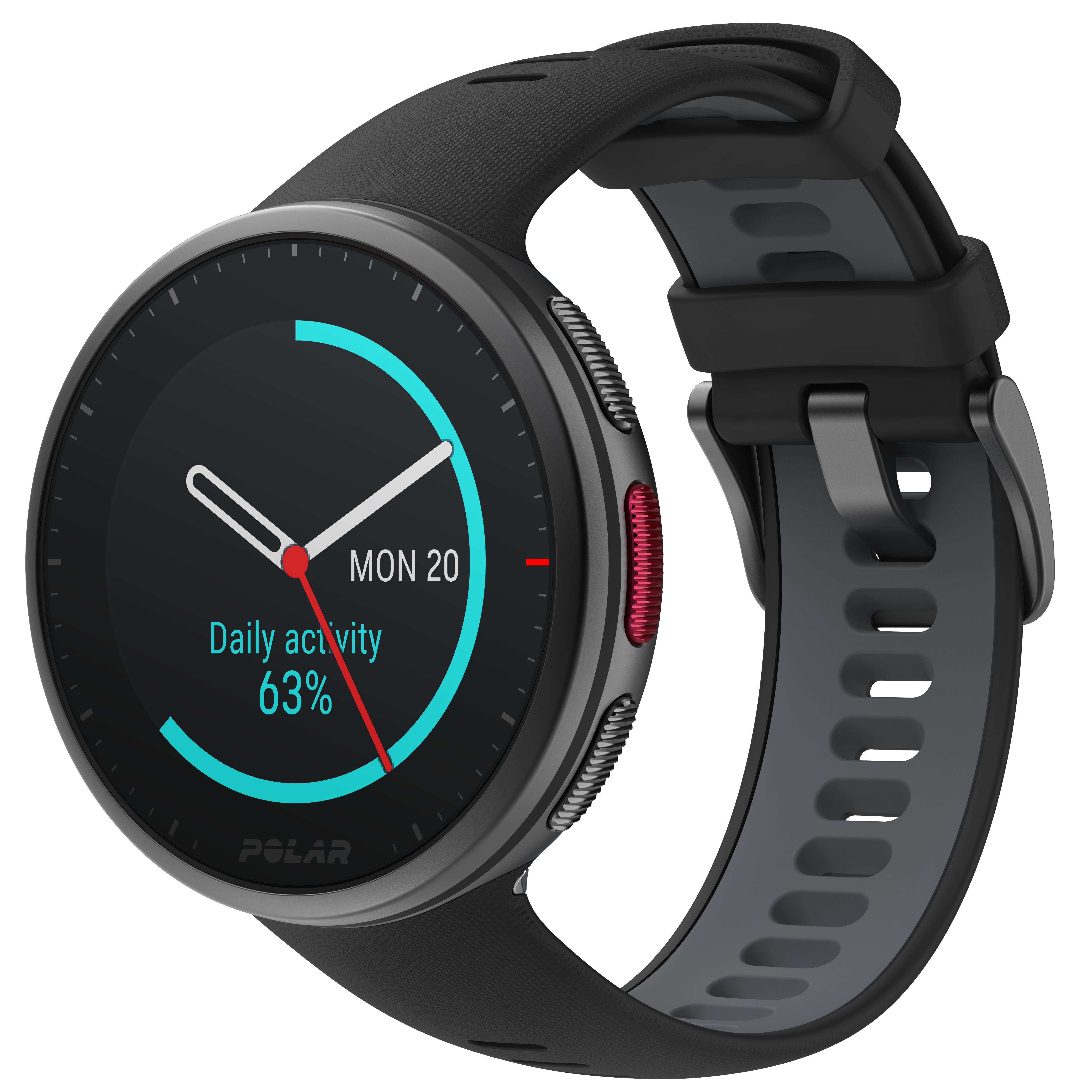 Eine schwarze Polar Smartwatch mit grauem Armband.