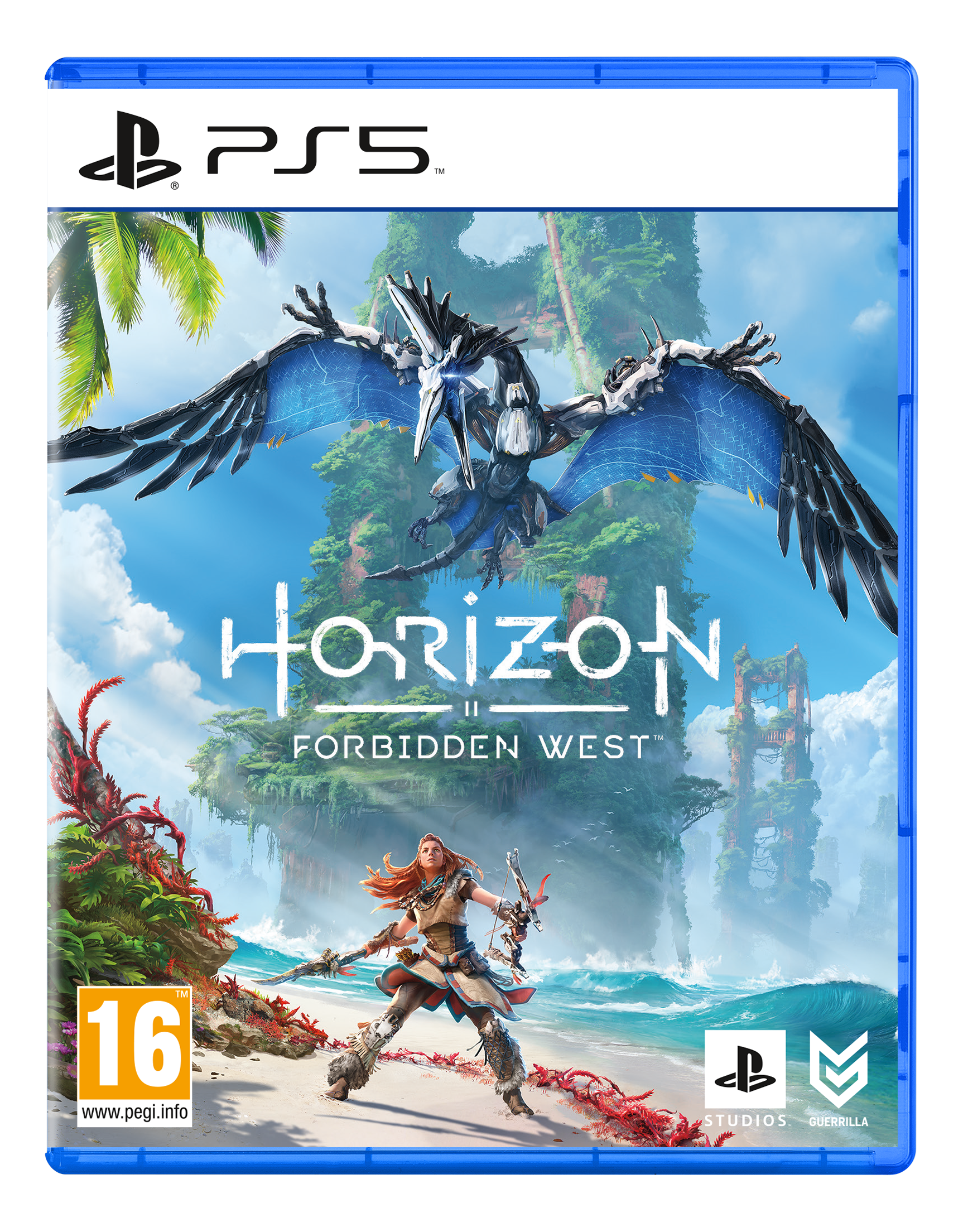 Couverture du jeu : Aloy avec arc, oiseau mécanique et paysage futuriste. Titre : Horizon Forbidden West.