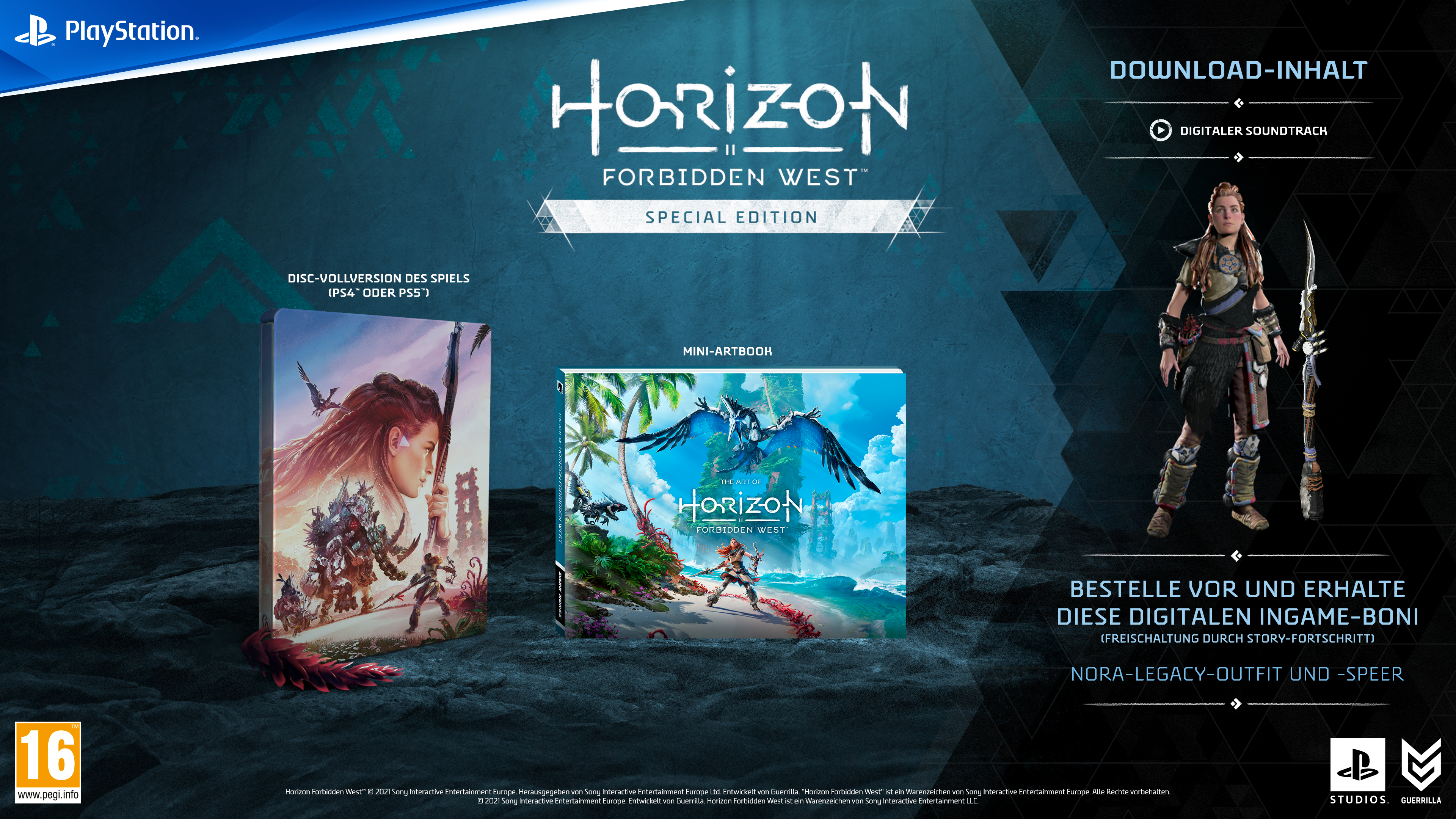 Boîte de jeu Horizon Forbidden West Special Edition et mini-artbook, avec bonus numériques en jeu.