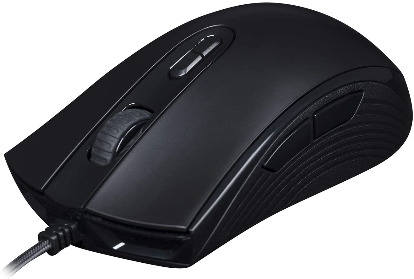 Schwarze Computermaus mit Scrollrad und Seitentasten.