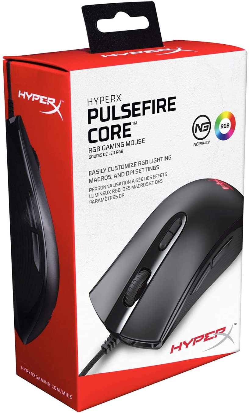 Gaming-Maus-Box. Rot und schwarz. HyperX Pulsefire Core Maus Grafik ist auf der Box.