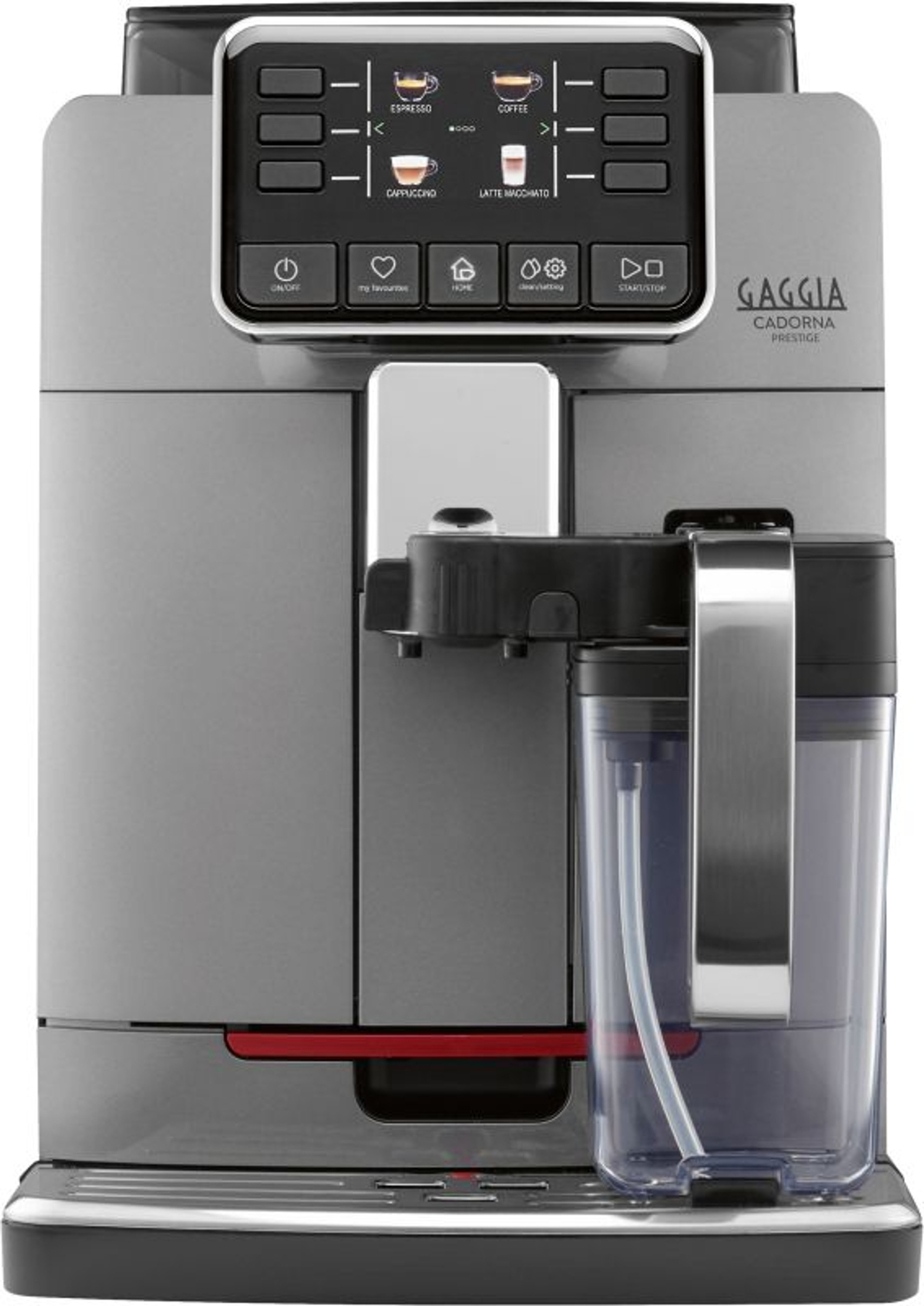 Ezüst-fekete Gaggia kávéfőző kijelzővel és víztartállyal.