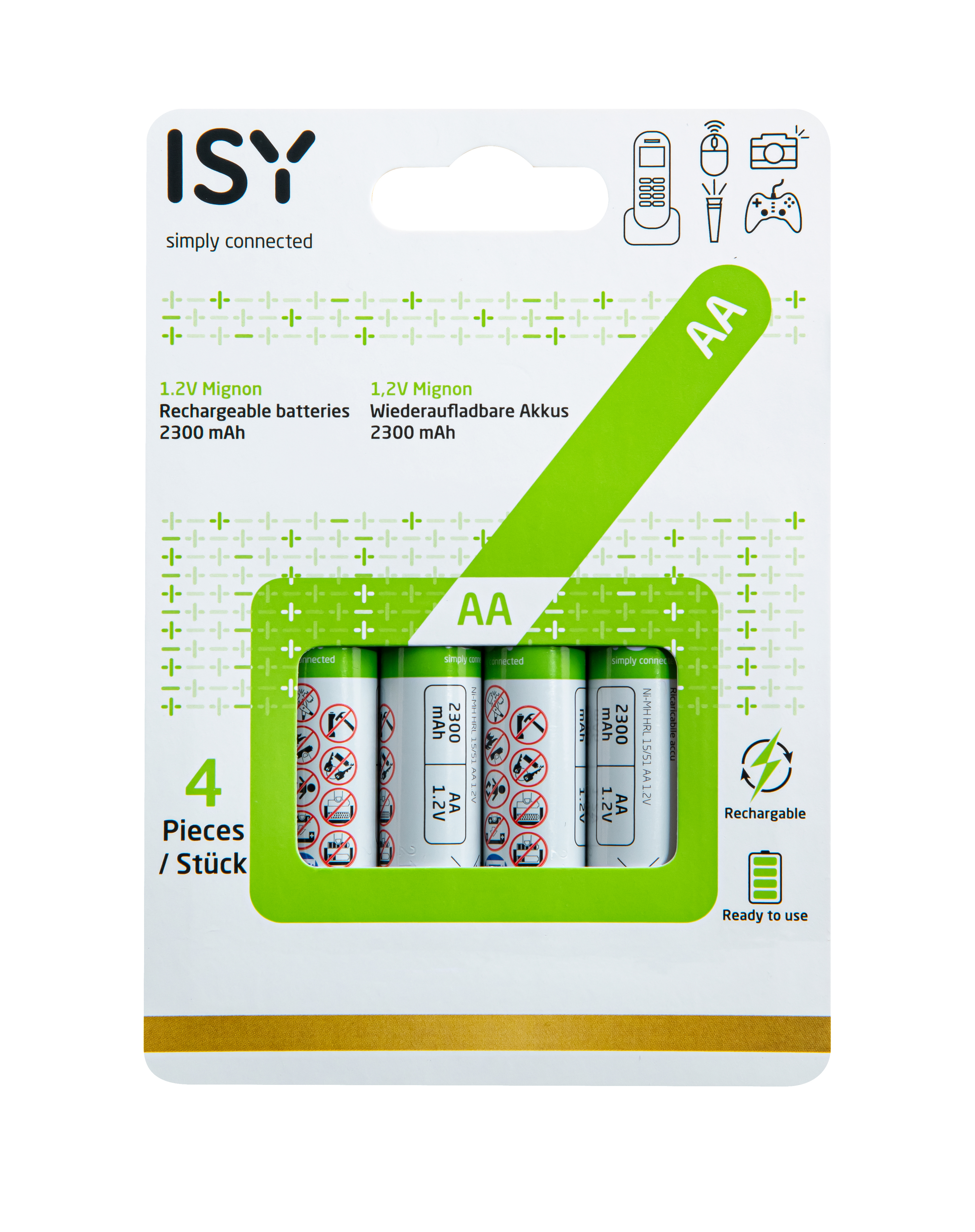 Packung mit 4 AA-Batterien. Grüne und weiße Farben. Wiederaufladbare Batterien.