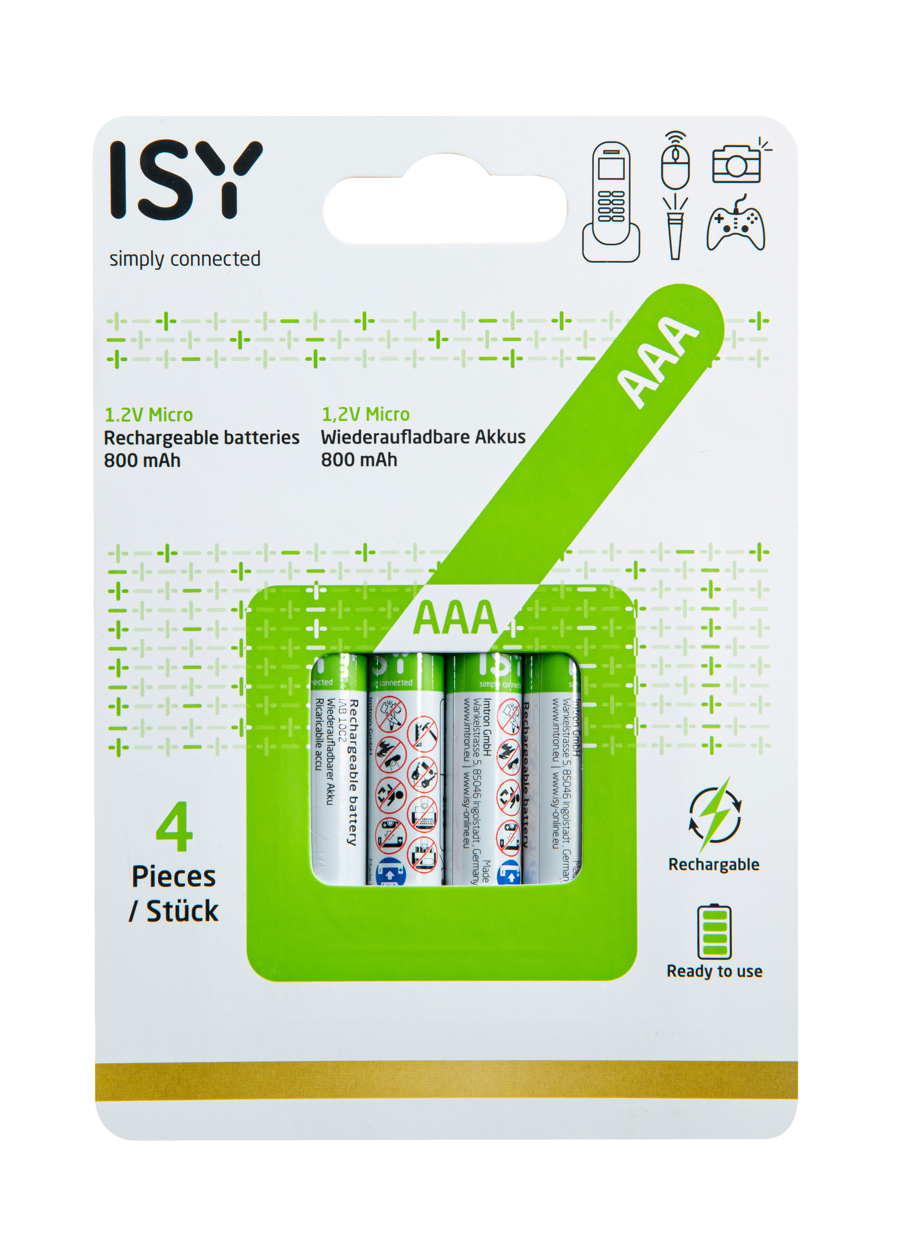 Batteriepack mit vier AAA-Akkus. Grün-weiße Verpackung, Text in Englisch und Deutsch.