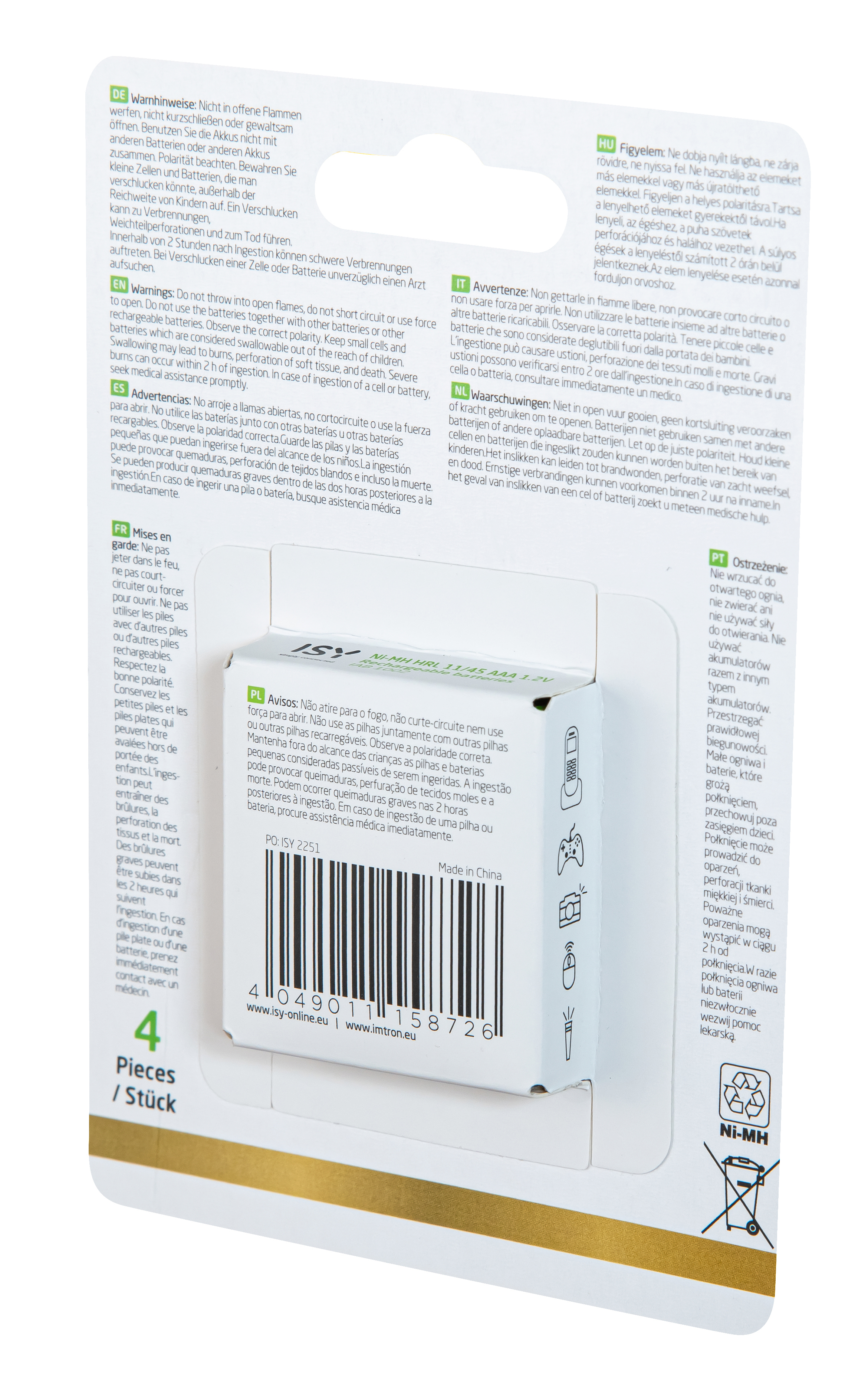 Eine weiße und grüne Batteriepackung mit 4 Batterien. Text auf der Packung: „4 Pieces / Stück“.
