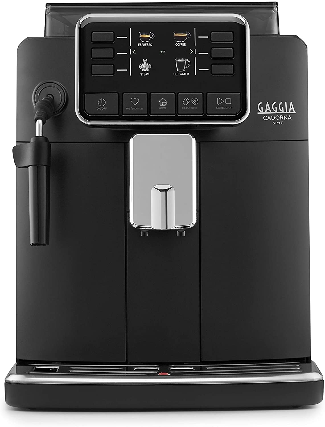 Fekete Gaggia Cadorna kávéfőző. Beépített tejhabosítóval, érintőképernyővel és különböző gombokkal rendelkezik.