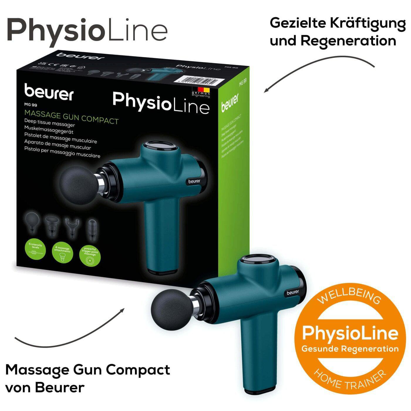 Massage Gun Compact Box, Massagepistole und Zubehör. Grüne und weiße Box mit Text.