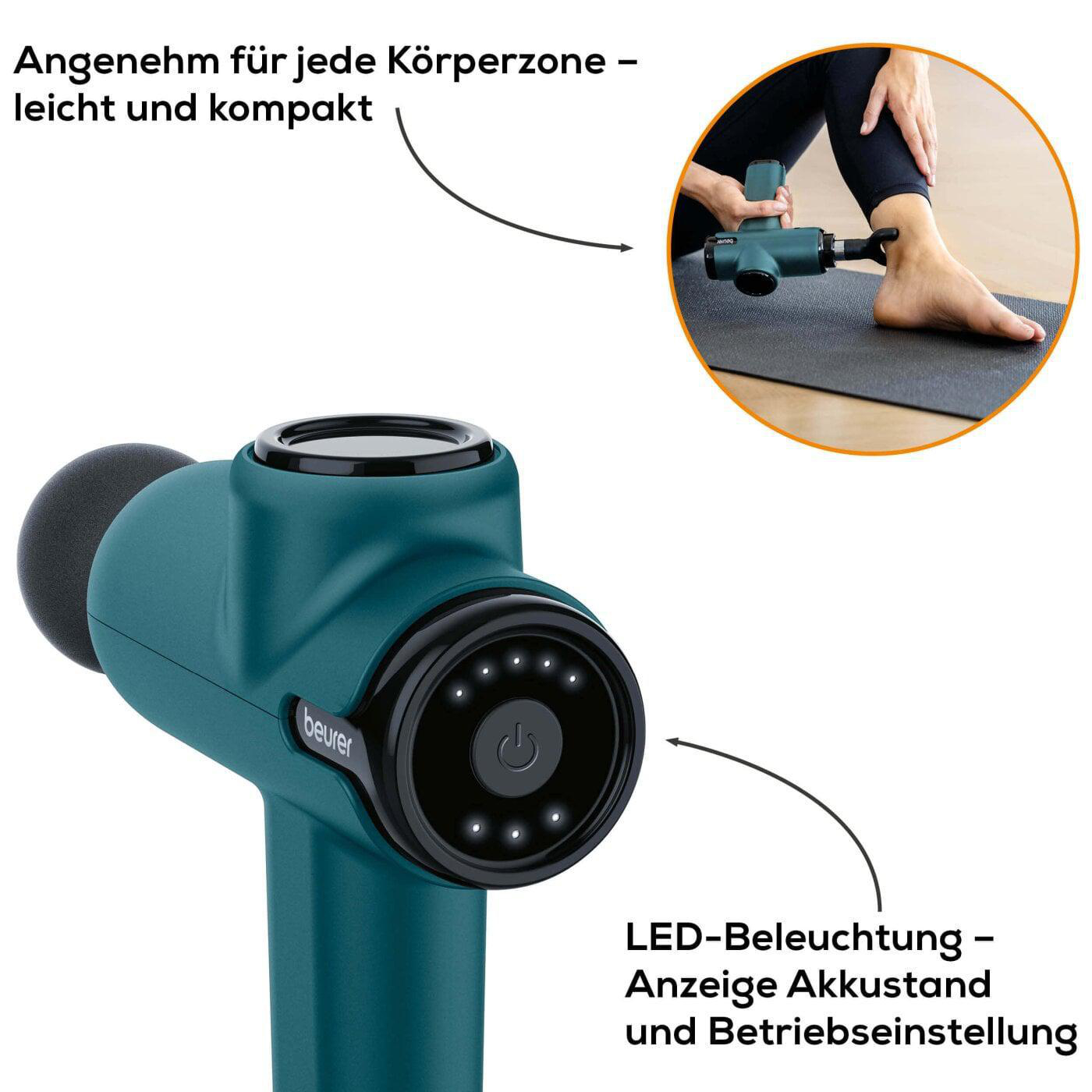 Türkisfarbene Massagepistole mit schwarzem Kopf. Zeigt Licht- und Batteriestandsanzeige.