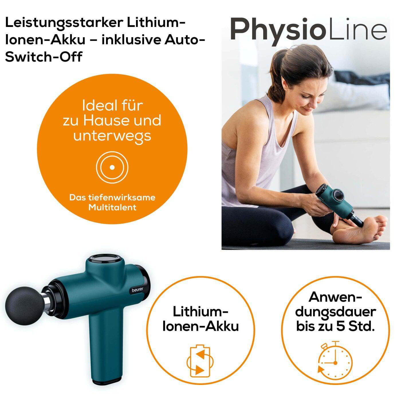 Frau, die eine Massagepistole auf ihrem Fuß benutzt, mit Text drumherum.