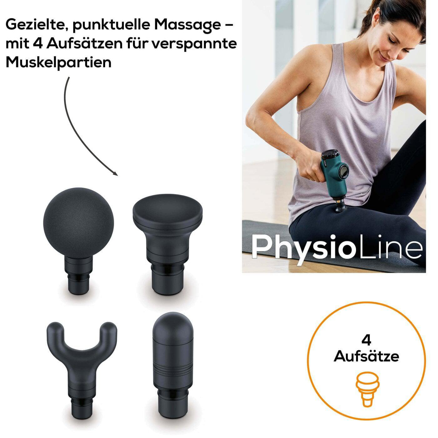 Massagepistole mit Zubehör. Frau benutzt es am Bein.