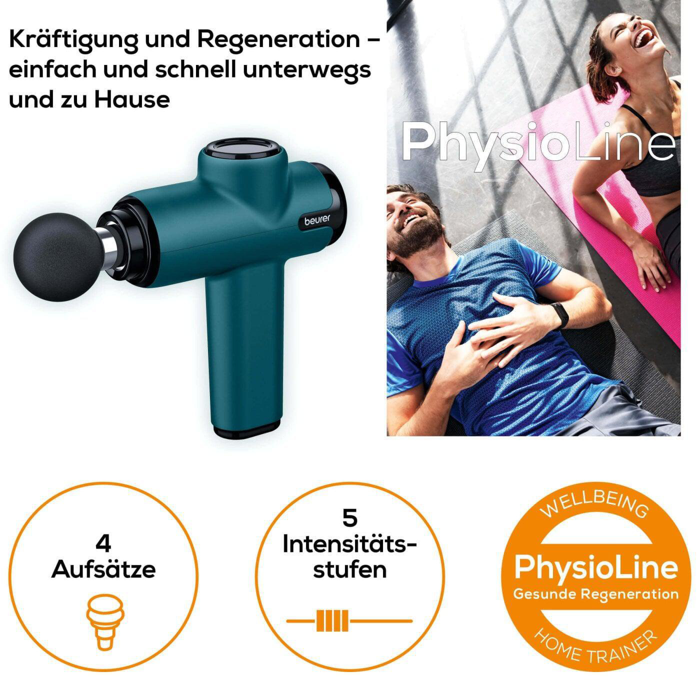 Eine Massagepistole mit Zubehör und Bildern von Menschen beim Training und Entspannen.