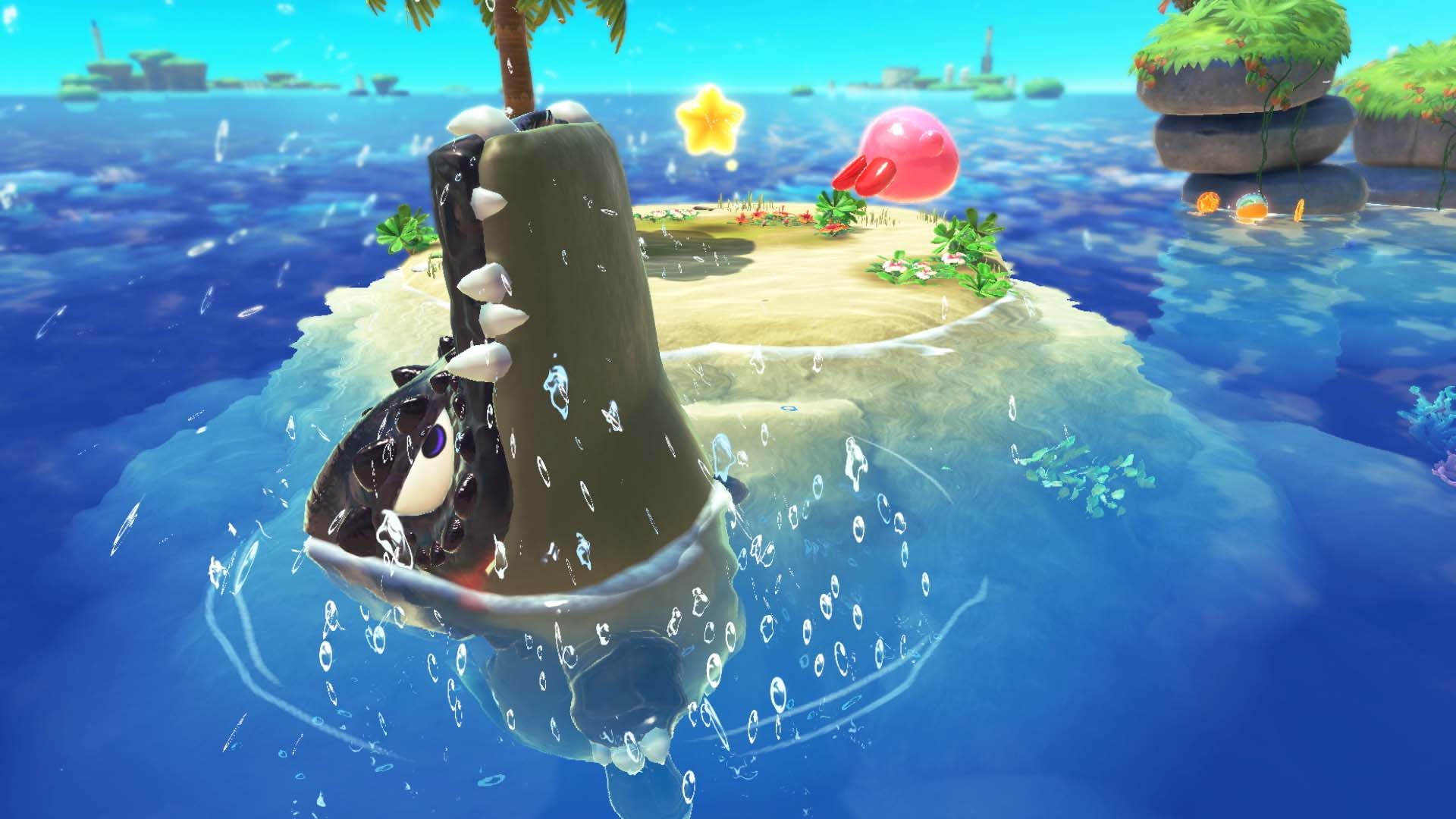 Kirby nell'acqua vicino a un'isola con palma, stella e personaggio rosa, goccioline d'acqua.