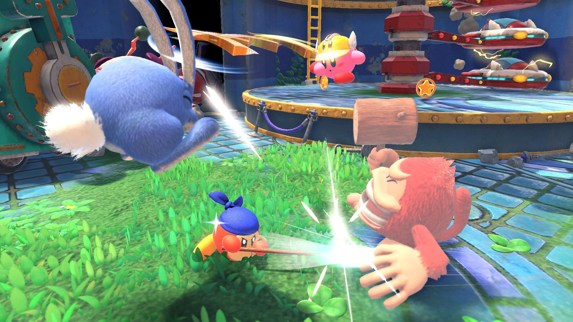 Una scena di un videogioco con personaggi dei cartoni animati che combattono. Un personaggio è blu, l'altro rosso.