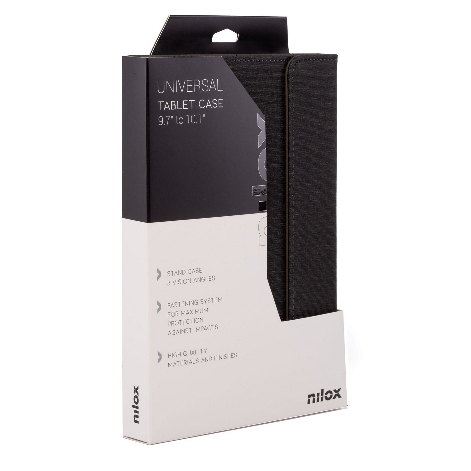 Una funda para tableta está en su caja. La funda es negra y la caja tiene texto sobre sus características y el logotipo de la marca.
