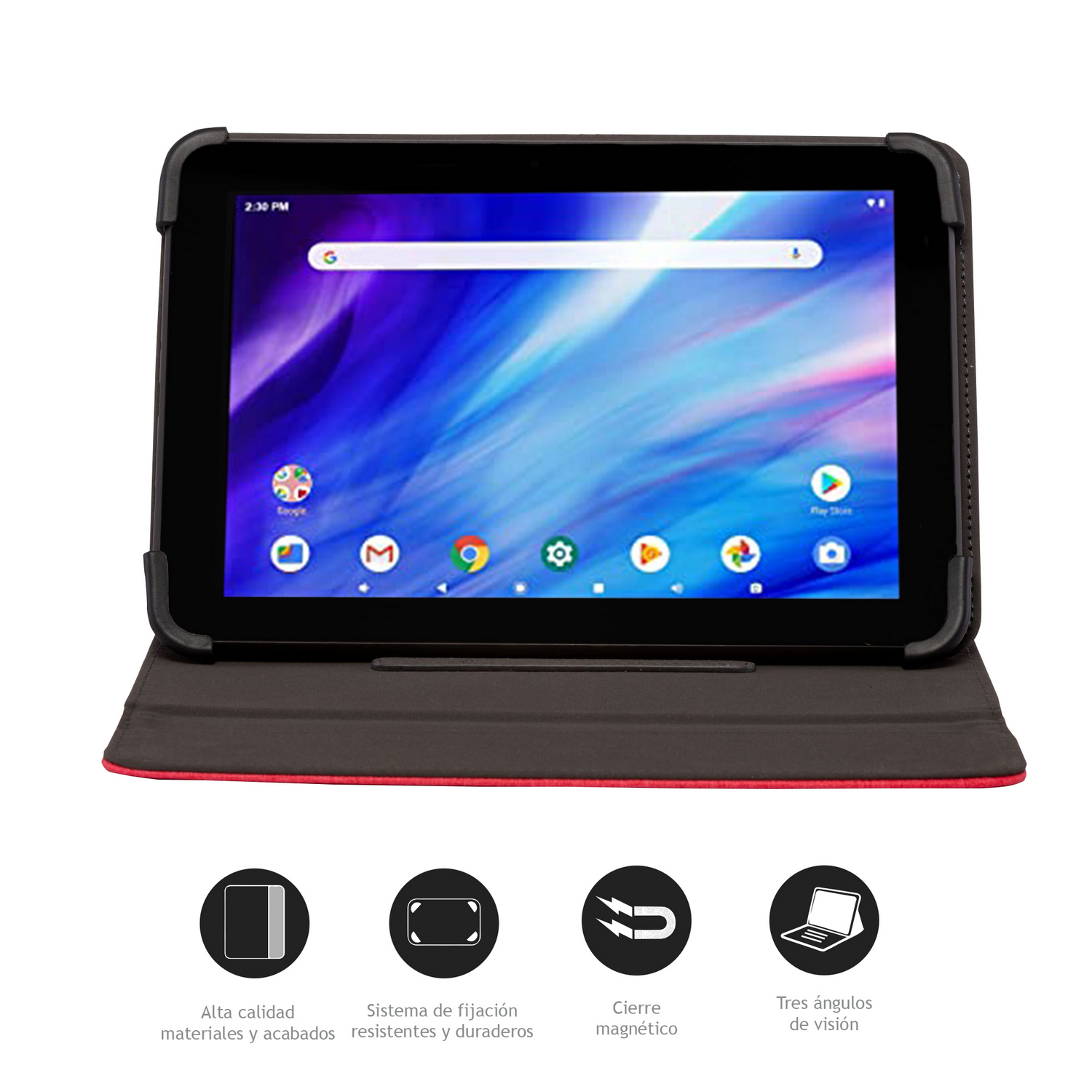 Una tableta negra en una funda. La pantalla muestra una pantalla de inicio. Iconos en la parte inferior. Borde rojo.