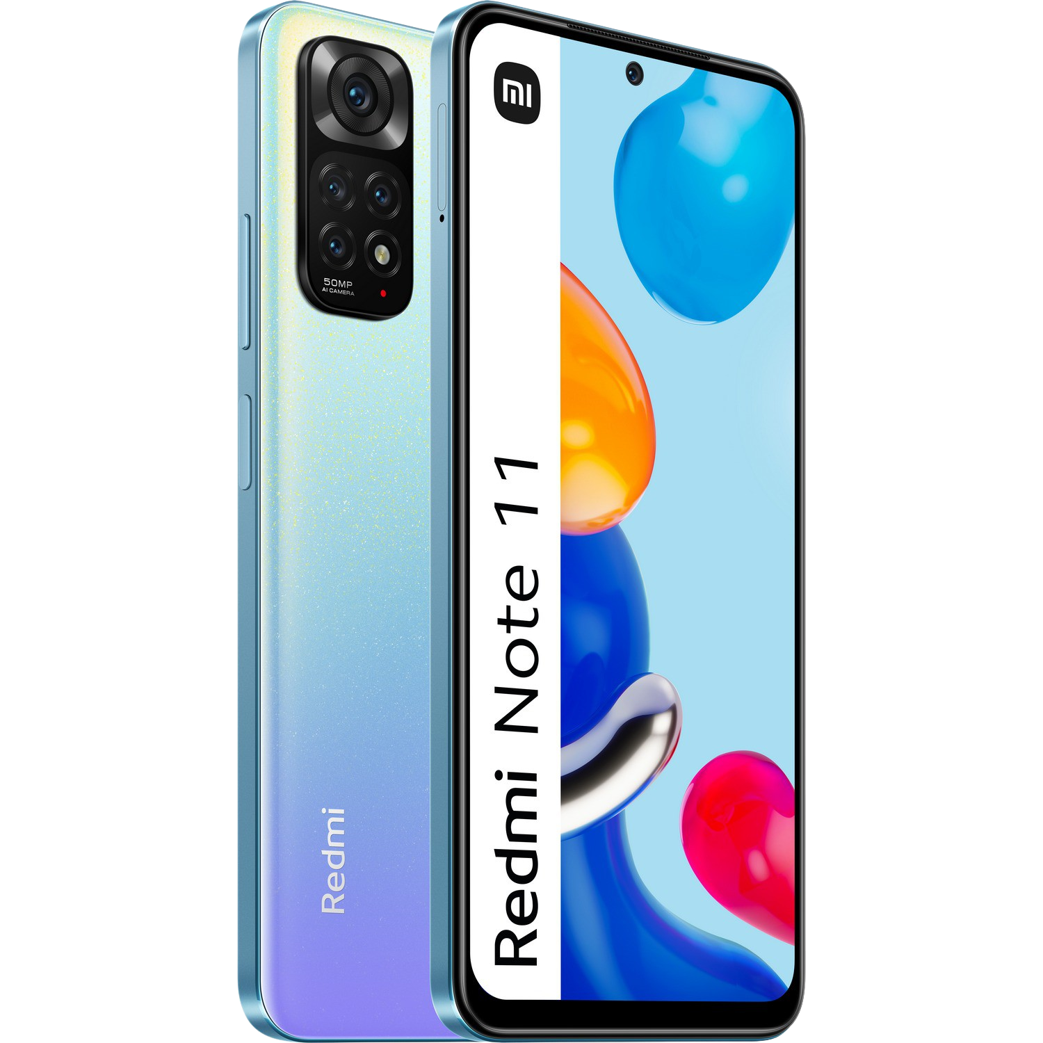 Teléfono Redmi Note 11, color azul claro, con una franja blanca, sobre superficie negra.