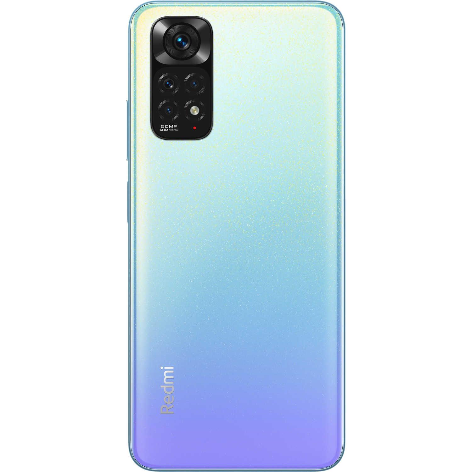 Smartphone con degradado azul y módulo de cámara en la parte trasera. Logotipo Redmi visible.