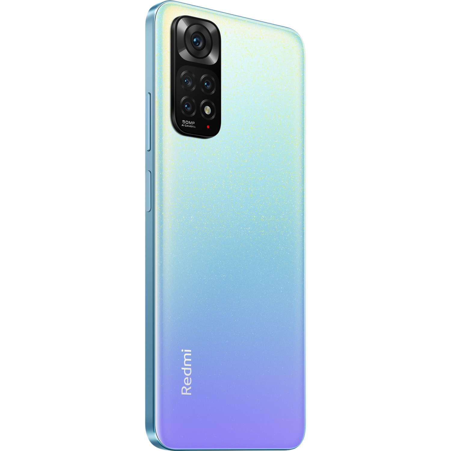 Un smartphone con degradado azul claro y morado. La parte trasera tiene varias cámaras y un logo Redmi.